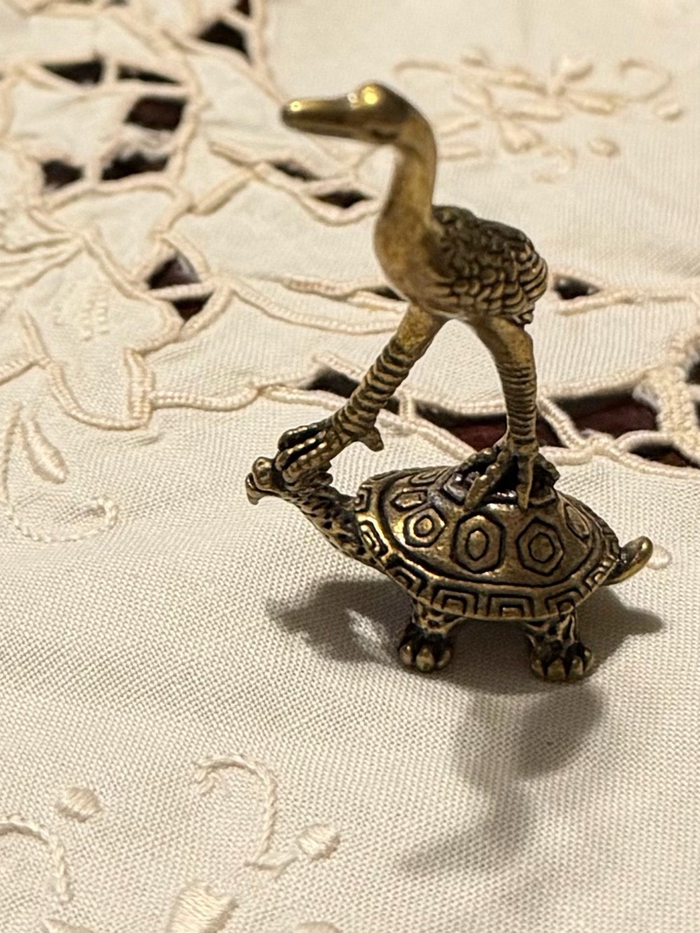 Whimsical Brass miniature Turtle & Crane Figurine #269